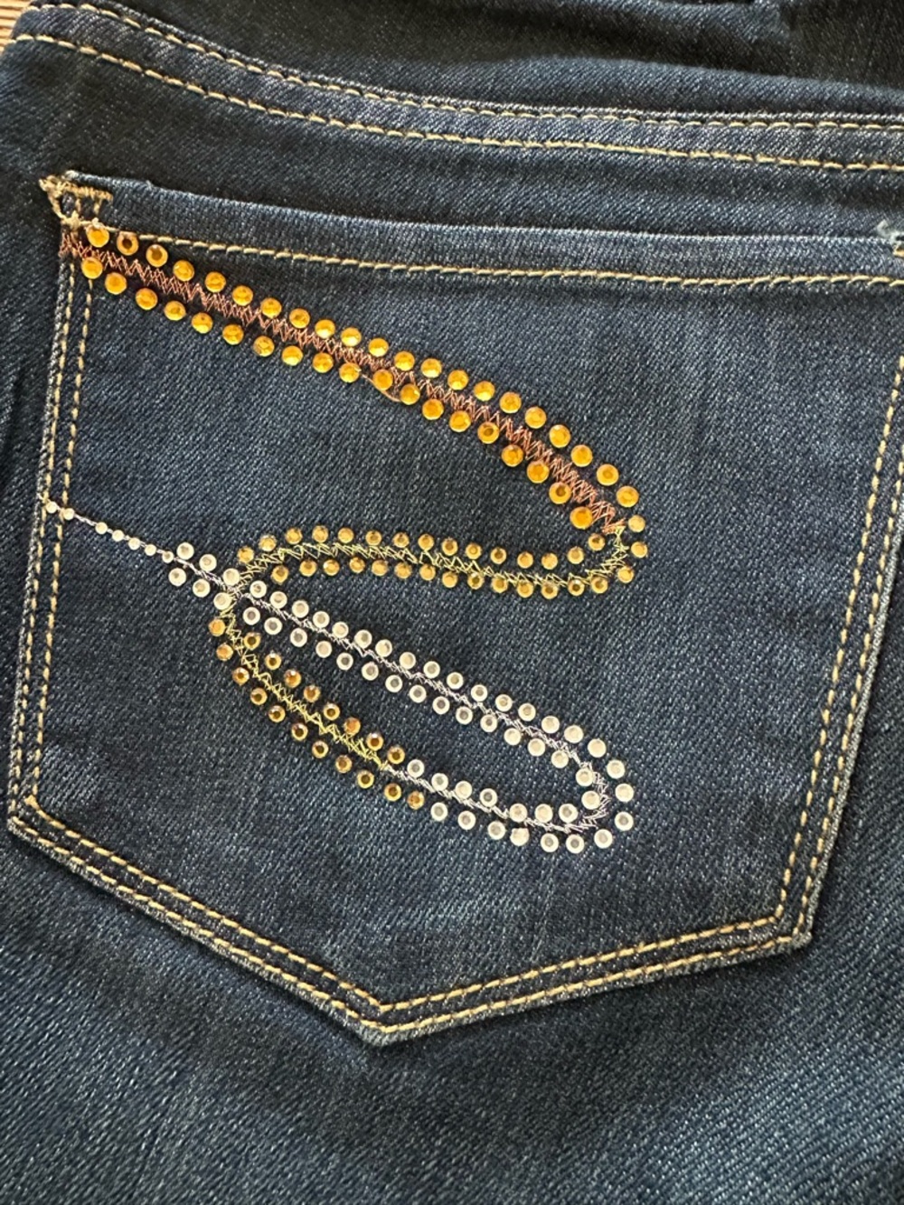 7 For All Mankind Dark Blue Boot Cut Jeans with Gold & Silver Stud Detail